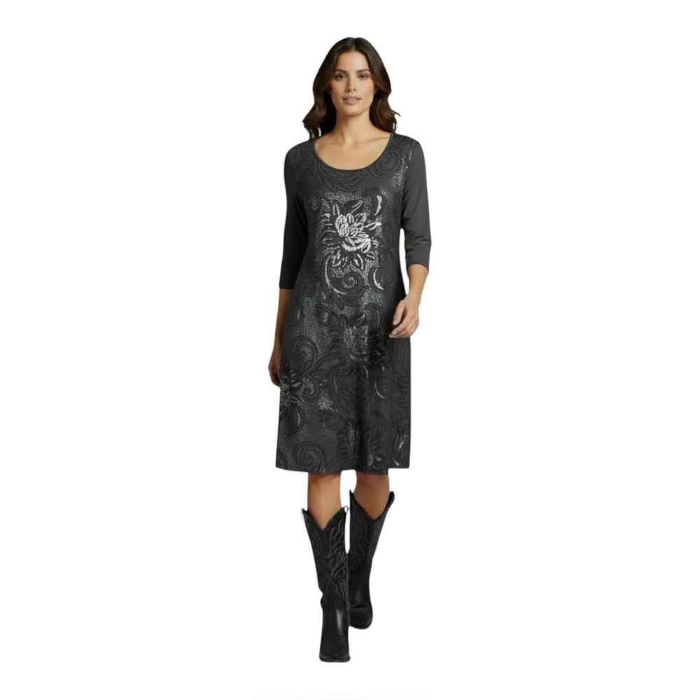 Roper Western Wear Silver Foil Fliral Swirl  Cowgirl Dress